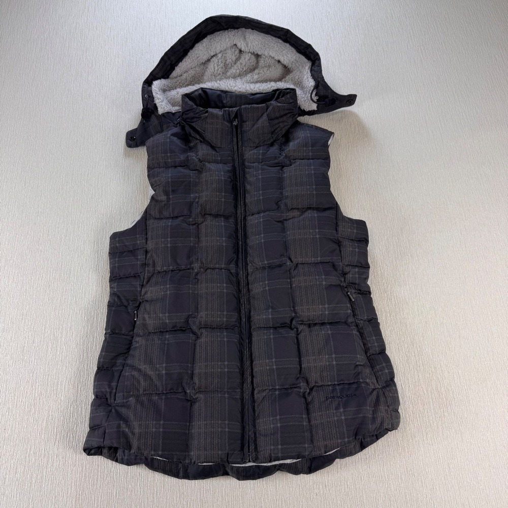 Patagonia Womens Plaid Down Puffer Vest Removable Sherpa Hood Grey Black S